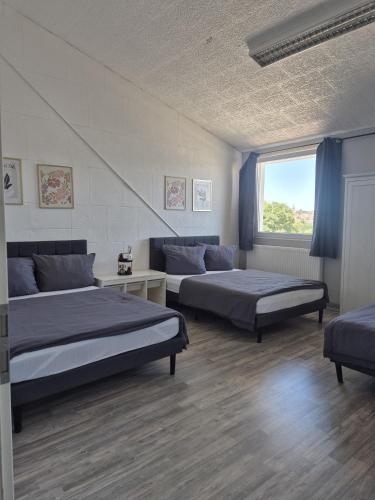 ein Schlafzimmer mit zwei Betten und einem Fenster in der Unterkunft Big Loft in Empfingen