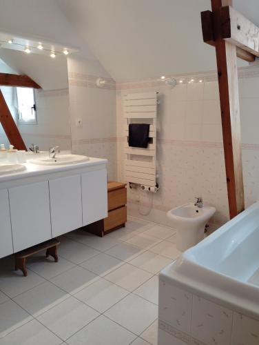 a white bathroom with a sink and a toilet at La Maison du Petit Port in Nantes
