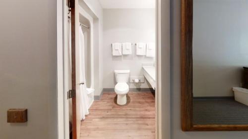 a white bathroom with a toilet and a mirror at Inn at Snowshoe in Snowshoe