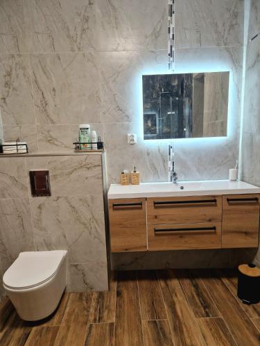 a bathroom with a sink and a toilet and a mirror at Lawendowa Ostoja - dom na wyłączność in Uście