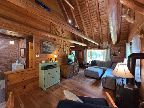 a living room with a couch and a tv in a cabin at Highlands Hideaway - Secluded 4BR Forest Gem in Chemung