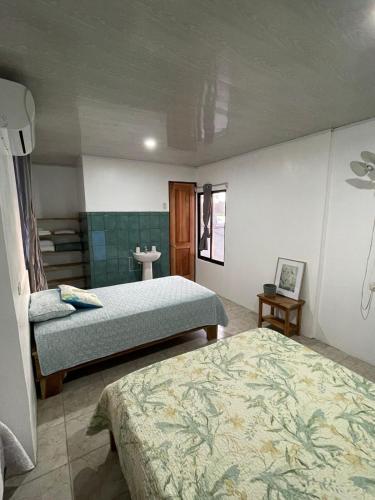 a bedroom with two beds and a sink in it at Casa Delfín in Tortuguero