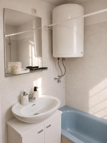 a bathroom with a sink and a mirror and a tub at Apartmani Natura SH in Hodžinac