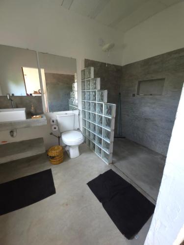 a bathroom with a toilet and a tub and a sink at Casa de Deli in Ilha de Boipeba