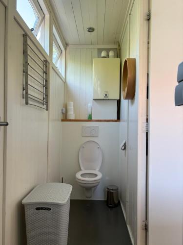 a small bathroom with a toilet and a window at Tiny House Madame Jeanette nabij centrum en zee in Zandvoort