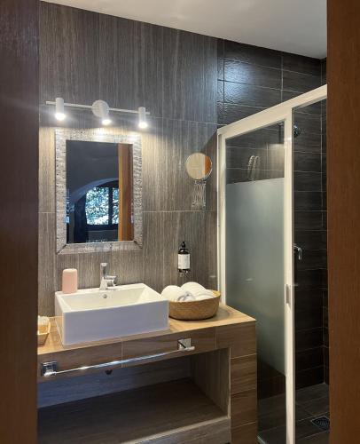 a bathroom with a sink and a mirror and a shower at Sierra Norte By Chic Hotel Group in Tepoztlán
