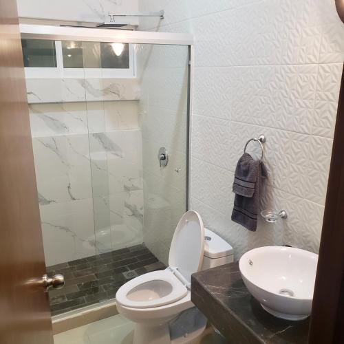 a bathroom with a shower and a toilet and a sink at Torre Monaco en Sabalo Country in Mazatlán
