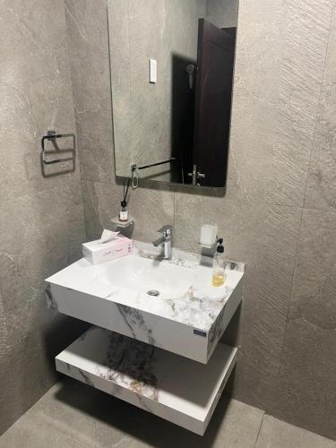 ein Badezimmer mit einem weißen Waschbecken und einem Spiegel in der Unterkunft Infinity Signature in Abu Dhabi