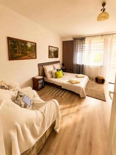a bedroom with two beds and a window at Agroturystyka Kobylnica nad Wisłą in Kobylnica