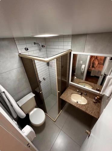 a bathroom with a toilet and a sink and a mirror at Flat no centro de Curitiba in Curitiba