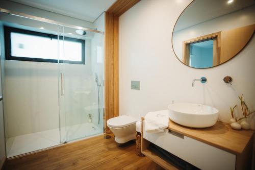 a bathroom with a sink and a toilet and a mirror at Casas Peralta - Outeiro in Arouca