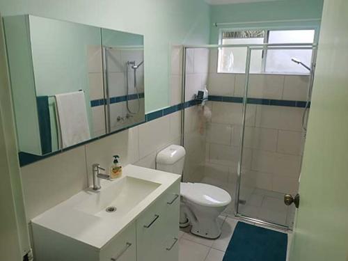 a bathroom with a toilet and a sink and a shower at Connies Retreat in Gold Coast