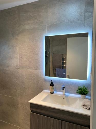 a bathroom with a sink and a mirror at Wattle Downs Palm Beach Studio in Auckland