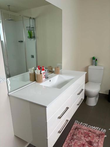 a bathroom with a white sink and a toilet at Enkindled Haven in Moonah