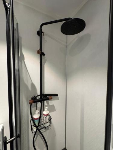 a bathroom with a shower with a glass wall at Cozy mini-apartment with kitchen in Åmot