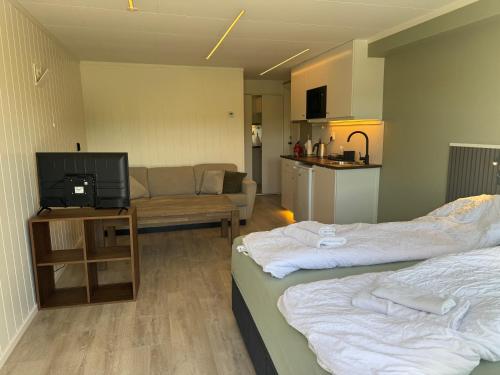 a living room with two beds and a couch at Cozy mini-apartment with kitchen in Åmot