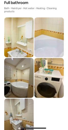four pictures of a bathroom with a tub and a sink at Levandų šeimyniniai apartamentai su vonia ir sodu in Ryškėnai
