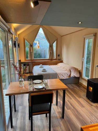 ein Schlafzimmer mit einem Bett und einem Tisch in einem Zimmer in der Unterkunft LANÍN Tiny House in San Martín de los Andes