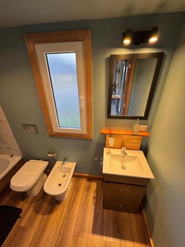 ein Badezimmer mit Waschbecken, Toilette und Spiegel in der Unterkunft LANÍN Tiny House in San Martín de los Andes