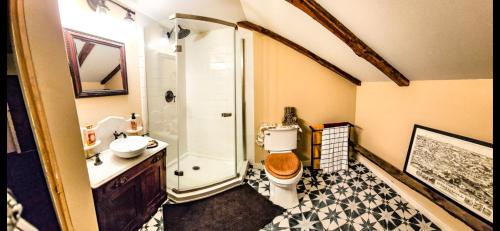 a bathroom with a shower and a toilet and a sink at JOSIAH KEITH HOUSE museum & inn in Five Corners