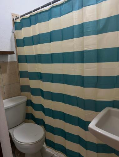 a bathroom with a toilet and a shower curtain at Apartamento comodo en Rivas in Rivas