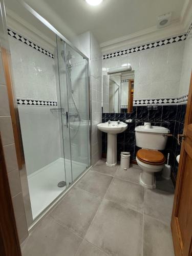a bathroom with a shower and a toilet and a sink at Imperial Lodge in Lisdoonvarna