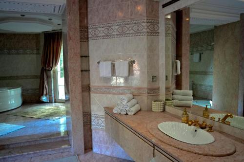 a bathroom with a sink and a large mirror at Villa Dedinje in Belgrade