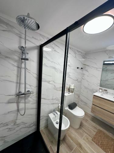 a bathroom with a shower and a toilet and a sink at Santiago Oceanfront Living in Sesimbra