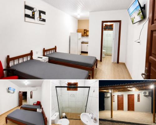 a room with a bed and a room with a kitchen at Pousada Vale das Flores in Charqueadas