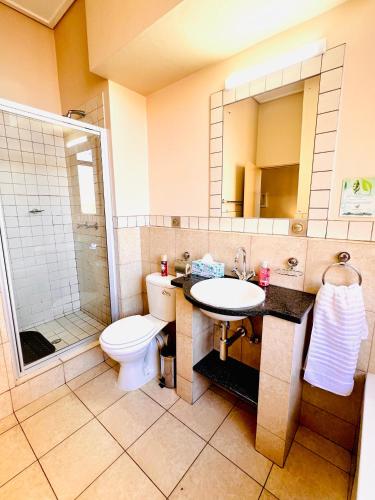 a bathroom with a toilet and a sink and a shower at iNtsika Boutique in Johannesburg