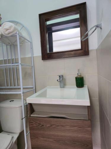 a bathroom with a sink and a mirror and a toilet at Modern House with Private Pool in Santa Rosa de Copán