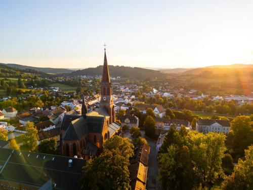 an aerial view of a town with a church at Landal Arber in Zwiesel