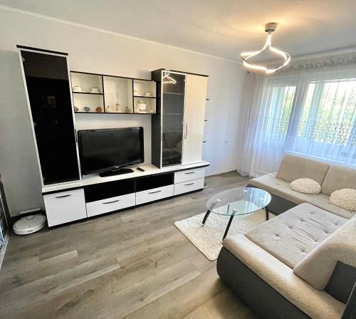 a living room with a couch and a tv at Klaipeda City in Klaipėda