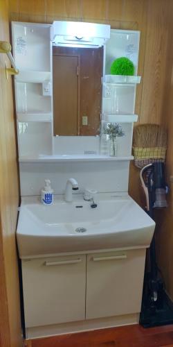 a bathroom counter with a sink and a mirror at 神乃宿 in Shimonoseki