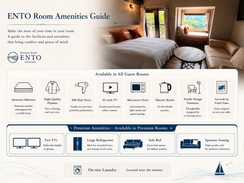 a homepage of a room with a bed and a couch at Retreat Hotel ENTO ISESHIMA in Funakoshi