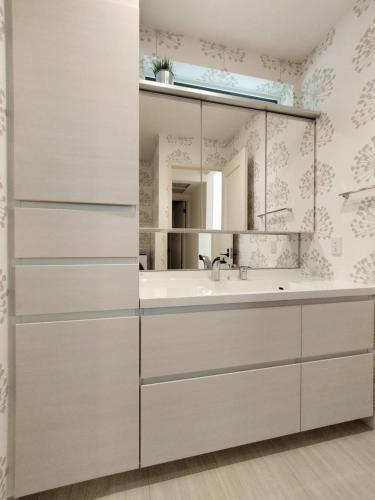 a bathroom with a sink and a mirror at マークヴィラスイート in Shimo-suwa