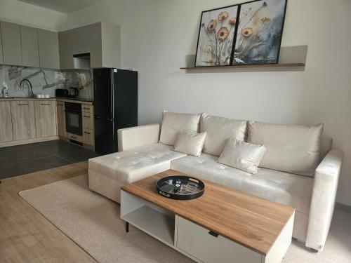 a living room with a couch and a table at Apartament Centrum in Giby