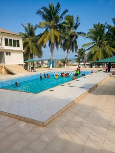a group of people in a swimming pool with palm trees at Floyds Beach Resort & Spa in Nyanyanu