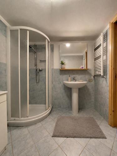 a bathroom with a shower and a sink at Maso Patrizia - Rifugio caldo tra le vette in Pieve Tesino