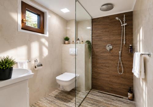 a bathroom with a toilet and a glass shower at Wild House in Sinaia