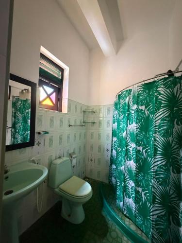 a bathroom with a toilet sink and a shower curtain at Terrel Residencies Gal Oya in Ampara