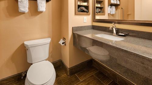 bagno con servizi igienici bianchi e lavandino di Best Western Plus Emerald Inn & Suites a Garden City