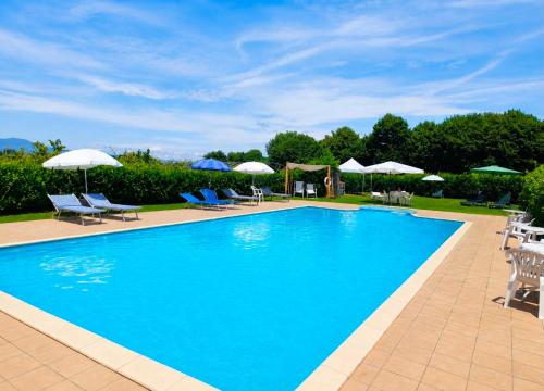 a large blue swimming pool with chairs and umbrellas at BUONUMORE-la QUIETE in Acquapendente