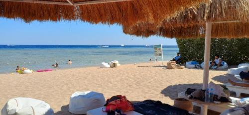 a beach with a straw umbrella and people on the beach at Red Sea Serenity in Sharm El Sheikh