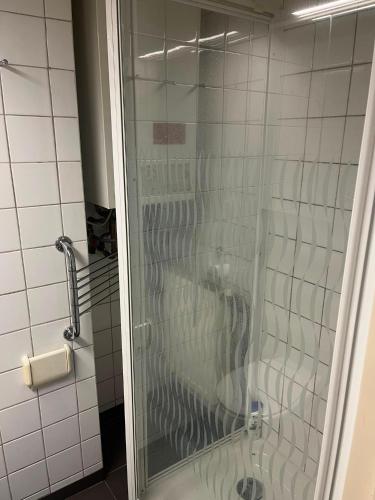 eine Dusche mit Glastür im Badezimmer in der Unterkunft Basic Business Accommodation in Geel