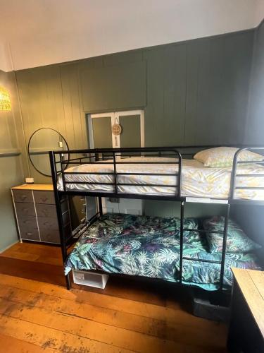 a bedroom with two bunk beds and a mirror at Dreamtime Hostel in Cairns