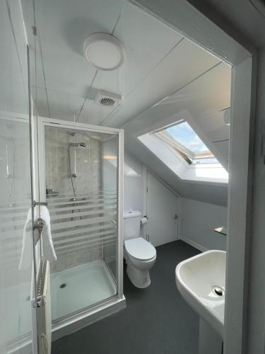 a bathroom with a shower and a toilet and a sink at Lomond Hills Hotel & Health Club in Freuchie