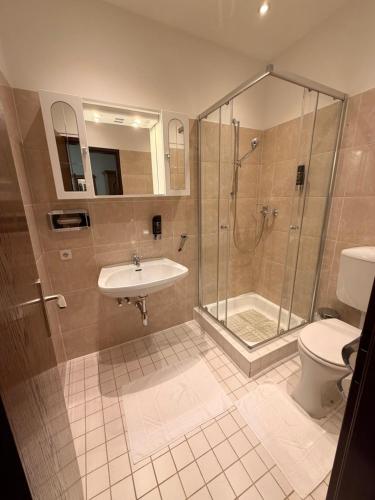 a bathroom with a shower and a sink and a toilet at Waldhotel Bad Jungbrunn in Tristach