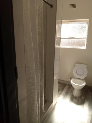 a bathroom with a toilet and a shower with a window at Natisa Lodge in Livingstone