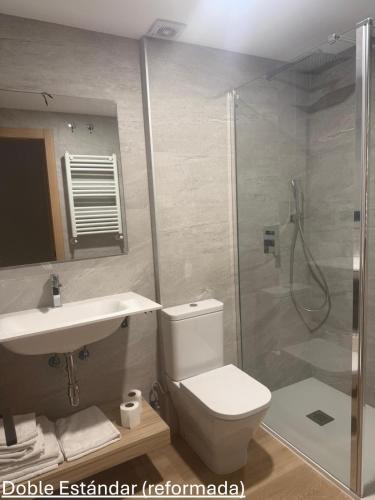 a bathroom with a shower and a toilet and a sink at Avenida Gijón Centro in Gijón